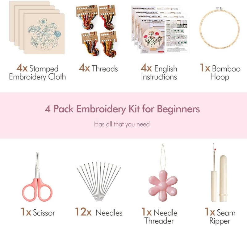 wtisan Embroidery Kit, 4 Sets Embroidery Kit for Beginners with Stamped Flower Pattern, Cross Stitch Starter Kits for Adults Hand Craft Lover with Embroidery Hoop, Instructions and Threads - Image 4
